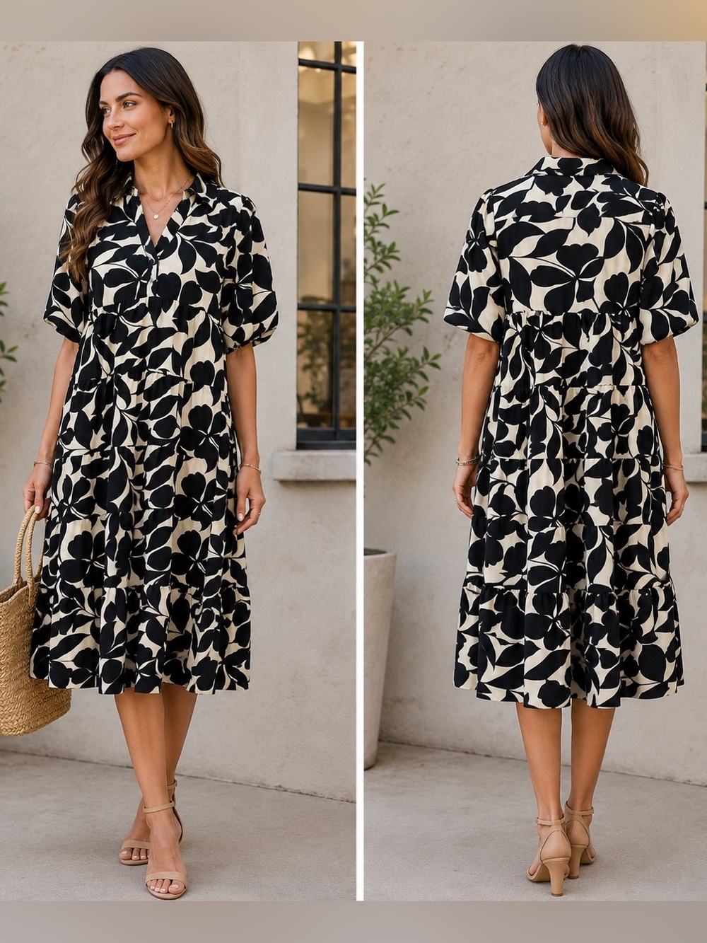 Umgee USA Black & Ivory Botanical Print Tiered Midi Dress Women’s Large Collared